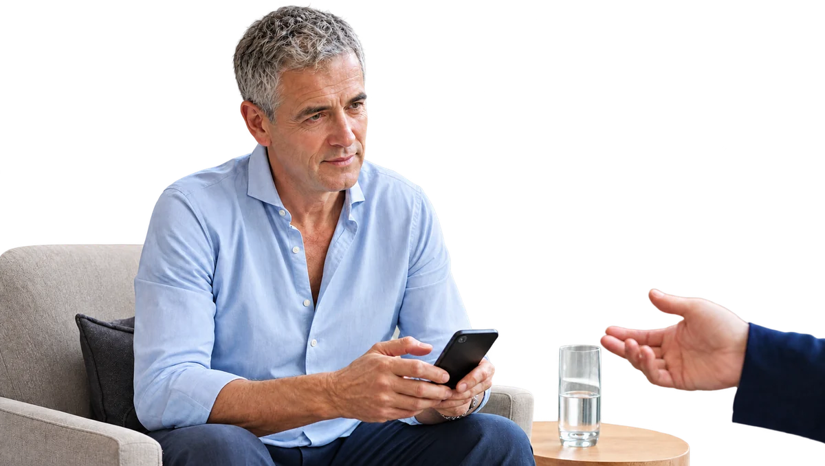 Illustrative scene: a private client discusses a question about his smartphone.